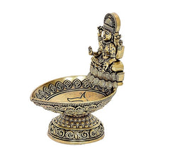 Brass Lakshmi diya oil lamp figurine, goddess seated on ornate circular tray