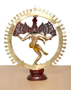 Brass Natraj Lord Shiva dancing idol, close view of halo and raised arms, maroon base