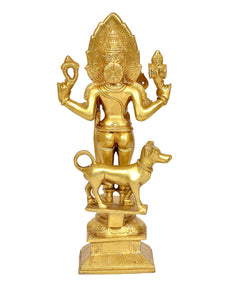 Brass Kal Bhairava idol riding bull, ornate crown and four arms on base