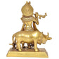 Brass Lord Krishna with Cow Idol Figurine Sculpture Playing Flute Statue Decorative Showpiece, (Height 9 Inch)