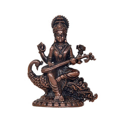 Copper Maa Saraswati idol with ornate crown and veena, seated pose, 3 inch