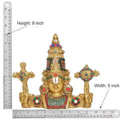 Brass Tirupati idol, height 9 inch and width 5 inch shown with measuring scale