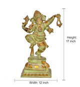 Dancing Ganesha idol statue, height 17 in and width 12 in, brass green patina and gold