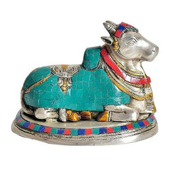 Multicolour Nandi cow idol statue with teal mosaic body, 7 inch temple showpiece