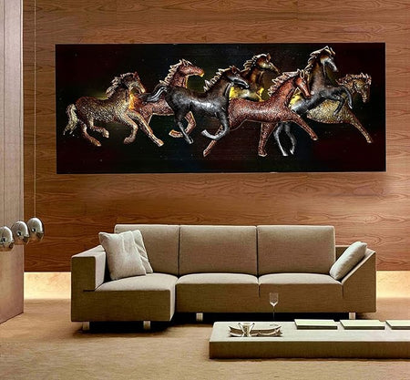 Iron 7 Seven Running Horses Framed Base For Good Luck (Height: 24 Inches)
