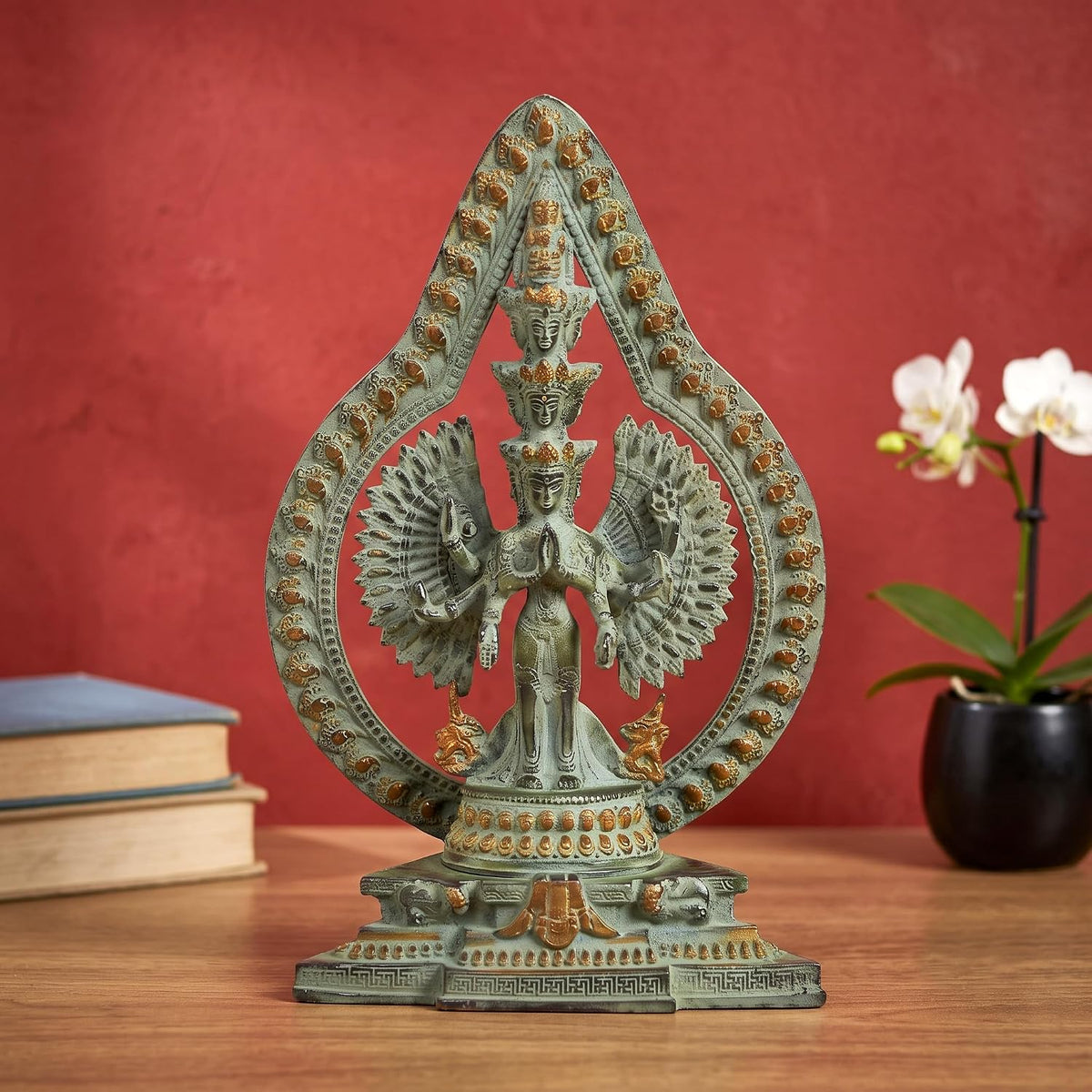 Brass Eleven-Headed Avalokiteshvara Statue – Thousand-Armed Bodhisattva of Compassion, Buddhist Idol for Home, Office & Meditation Décor (Height: 12 Inches)