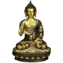 Brass Lord Buddha statue seated in Abhaya mudra, gold-tone, on decorated base