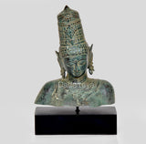 Parvati bronze bust statue facing forward, detailed crown and calm downcast eyes