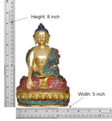 Messing-Buddha, Höhe 8 Zoll, Breite 5 Zoll, türkis/rot verziert