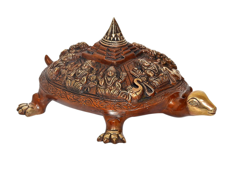 Brass Ashtalakshmi Shree Yantra on Tortoise Figurine Kachua Unique Home Decor Vastu Accent (Height: 6.5 inch)