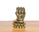 Brahma Ji brass idol side view, three crowned heads, raised hands on lotus base