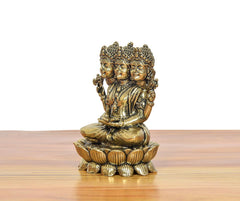 Brahma Ji brass idol side view, three crowned heads, raised hands on lotus base