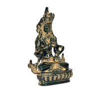 Tara Devi brass goddess idol, three-quarter view, ornate base with carved pattern