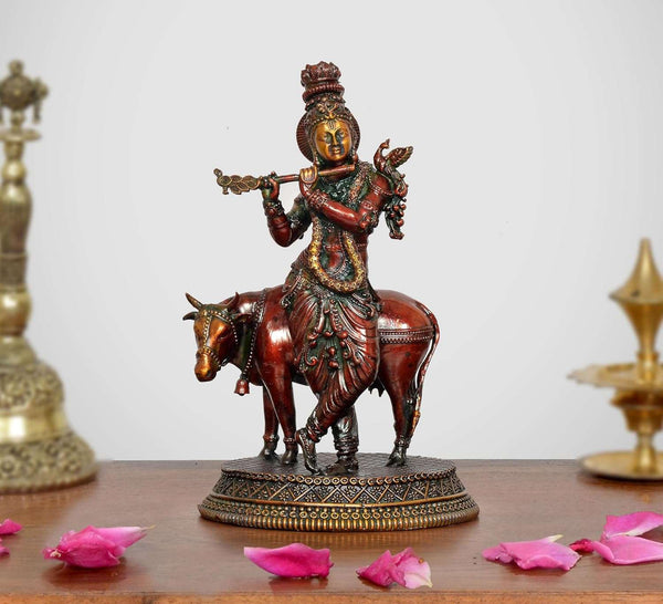 Superfine Brass Standing Krishna with Cow Idol (Height 6.5 Inch)