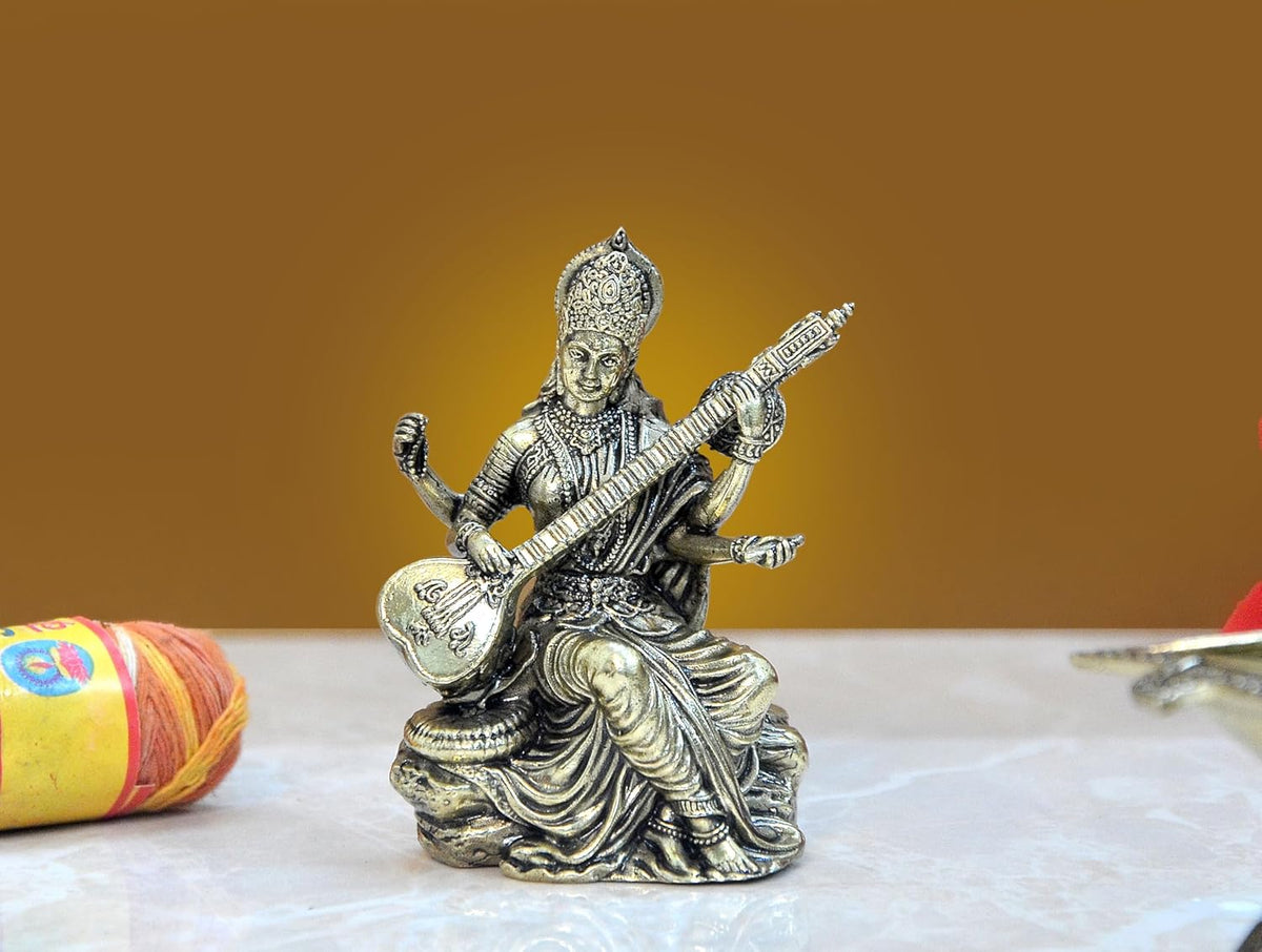 Superfine brass Maa Saraswati statue with veena, seated pose, 3 inch