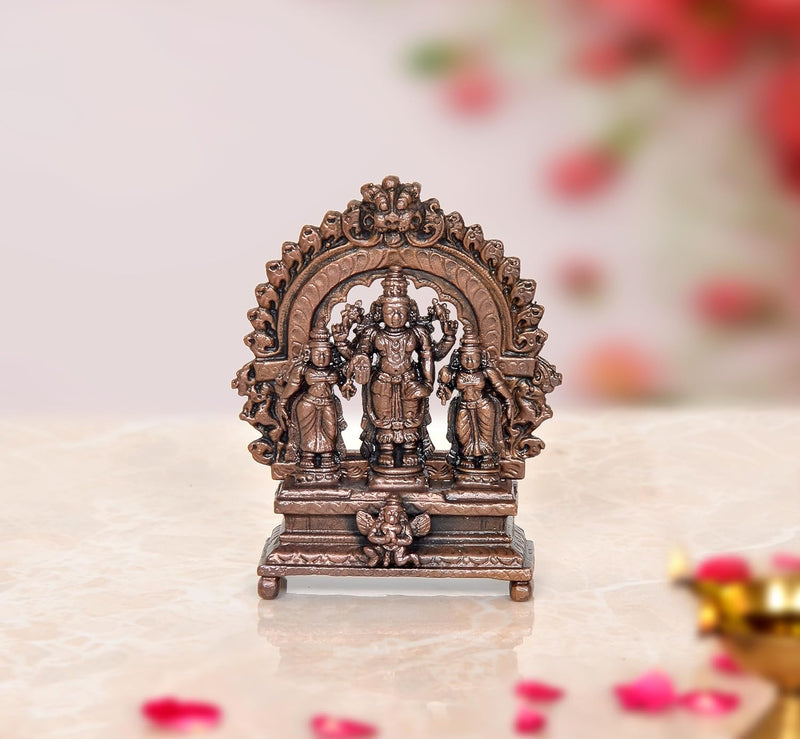 Copper Vishnu Shridevi and Bhudevi Statue for Home Temple Office Mandir, (Height: 3 Inch)