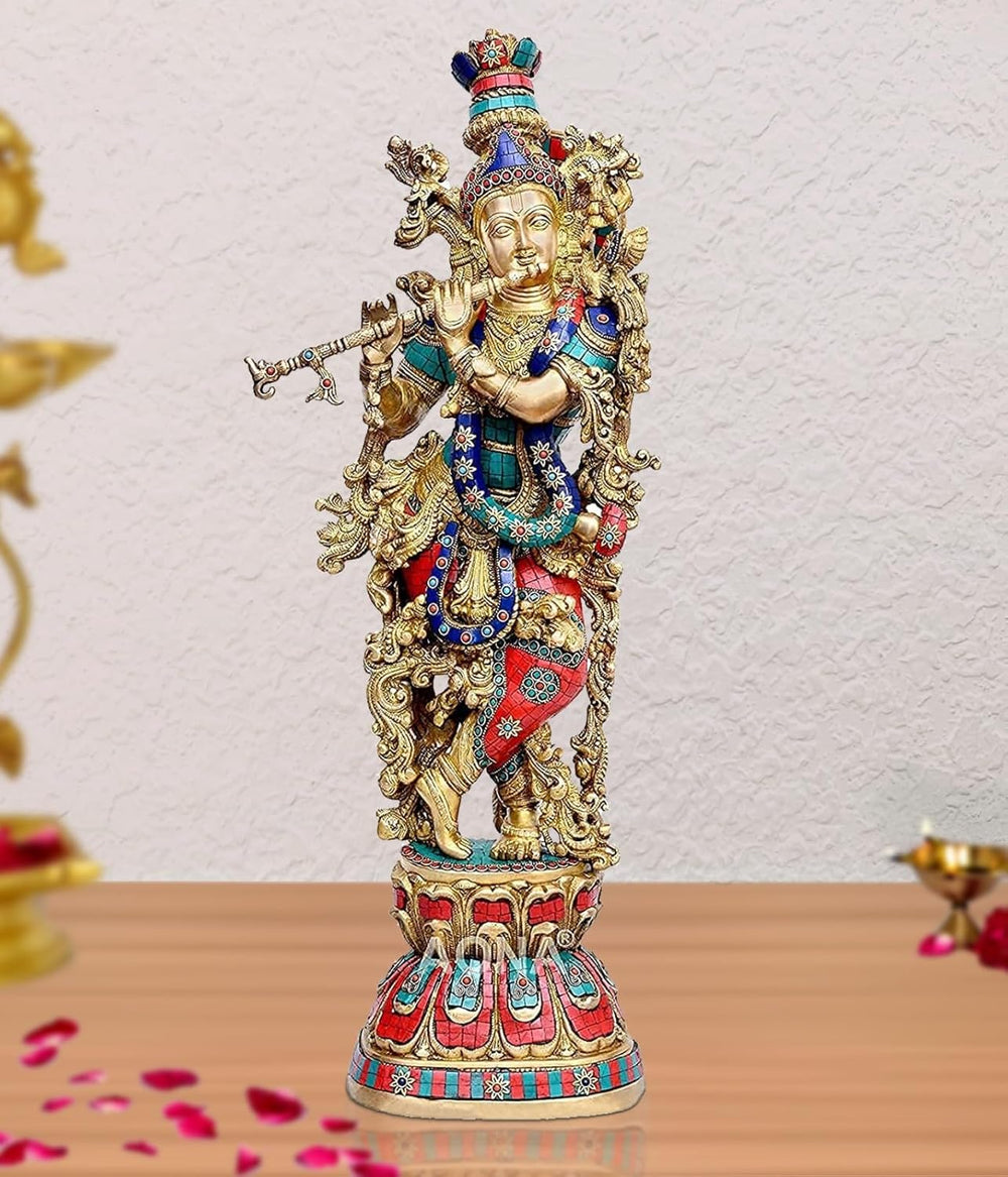 Brass Kishan Murti Sculpture (Height: 29 inches) with beautiful stone work
