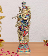 AONA brass Kishan Murti sculpture, front view with jeweled teal and blue details