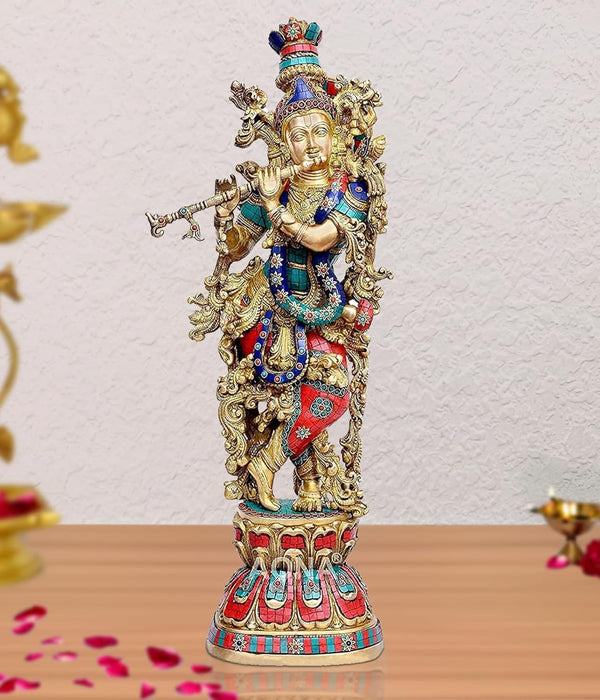 Brass Kishan Murti Sculpture (Height: 29 inches) with beautiful stone work