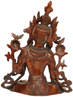 Brass Tara goddess statue, seated pose with tall crown and ornate back halo, 10.5 in