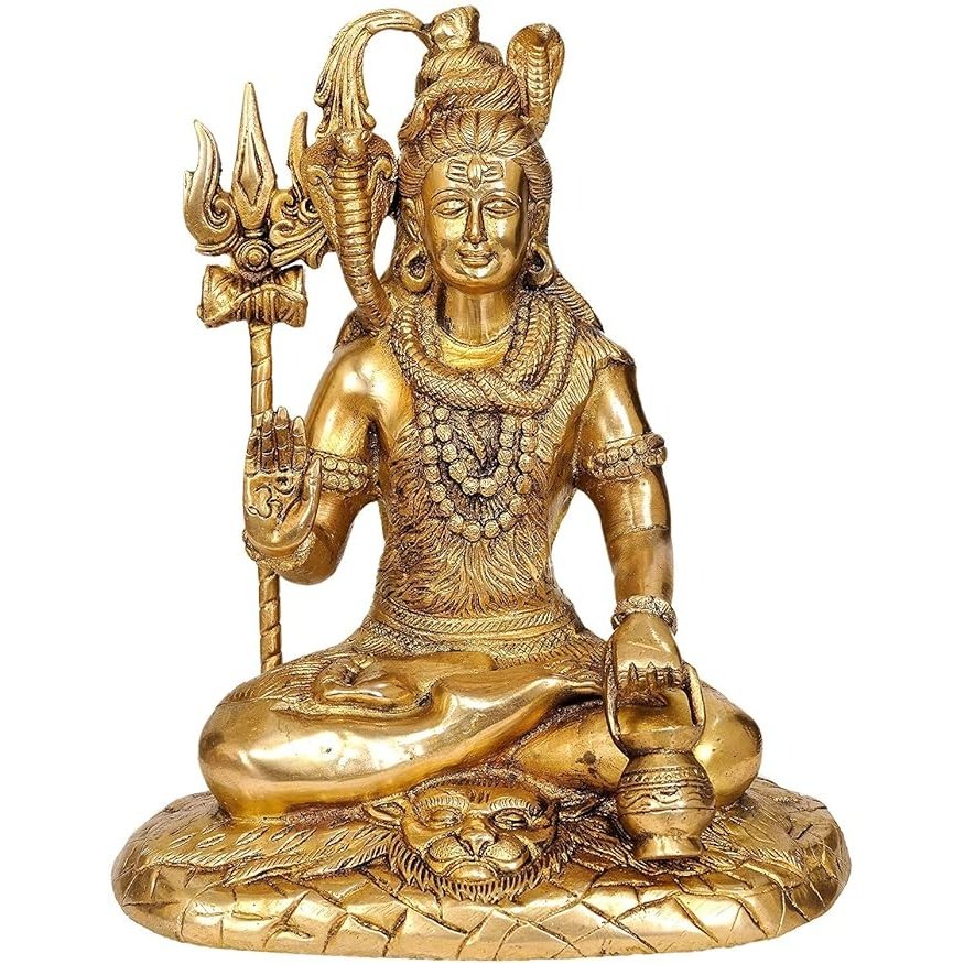 Brass Lord Shiva seated with trident, golden finish, 10 in