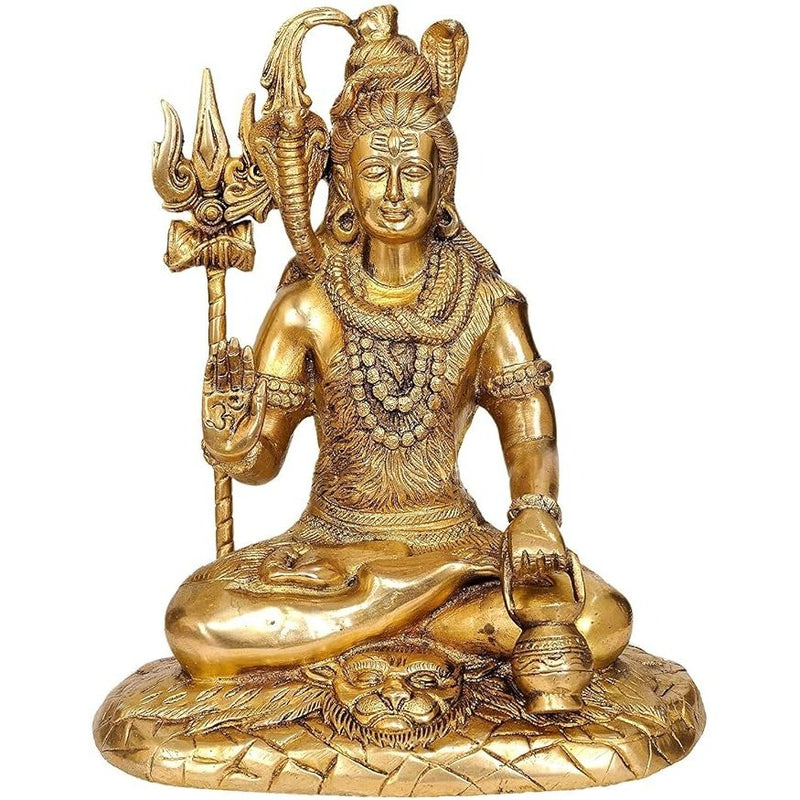 Brass Lord Shiva Seated On The Mountain of Kailash, Height: 10"