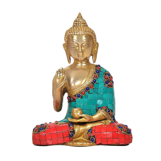 Brass Dhyan Mudra Buddha Statue - Handcrafted Spiritual Decor for Home and Office Decor - Meditating Buddha Idol (Height 8 Inch) (Multicolor Buddha)