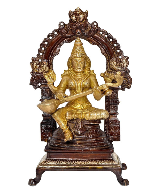 Brass Maa Saraswati Statue - Handcrafted Hindu Goddess Siting Saraswati Idol for Home Decor and Pooja Mandir (Height 8 Inch)