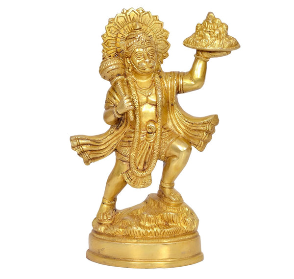 Brass Hanuman JI with Mountain Statue Idol Sculpture Statue Home Decor (Height: 9.5 Inch)