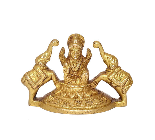 Brass Gaja Lakshmi Statue Laxmi with Elephants Home Temple Office Figurine Showpiece (Height 2.5 Inch)