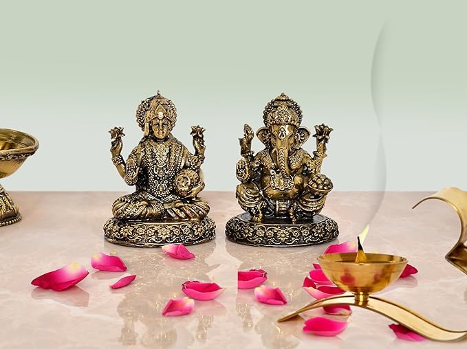 Brass Sitting Lakshmi Ganesh Idol Statue Murti for Diwali Pooja, Height : 3 inch