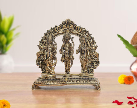 Superfine Brass Ram Darbar with Sita Lakshman Hanuman on Carved Frame with Kirtimukha Statue (Height: 3 Inches)