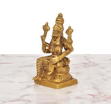 Brass Lakshmi-Narasimha idol from side, seated figure with curved raised arms