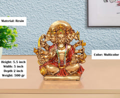 Multicolor resin Panchmukhi Hanuman idol, seated figure with detailed red and gold robes