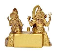 Brass Shiv Parivar idol rear/side view: two seated figures on patterned pedestal
