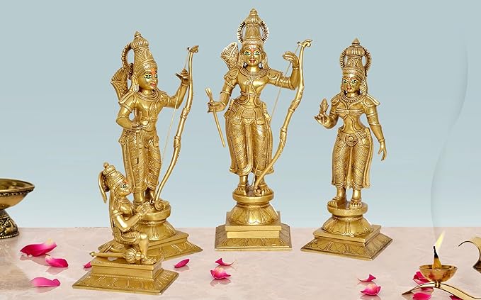 Ram Darbar with Sita Lakshman Hanuman Brass Statue in Golden Finish Home Puja Bhagwan Idol Murti for Mandir Temple, Height 20 inches