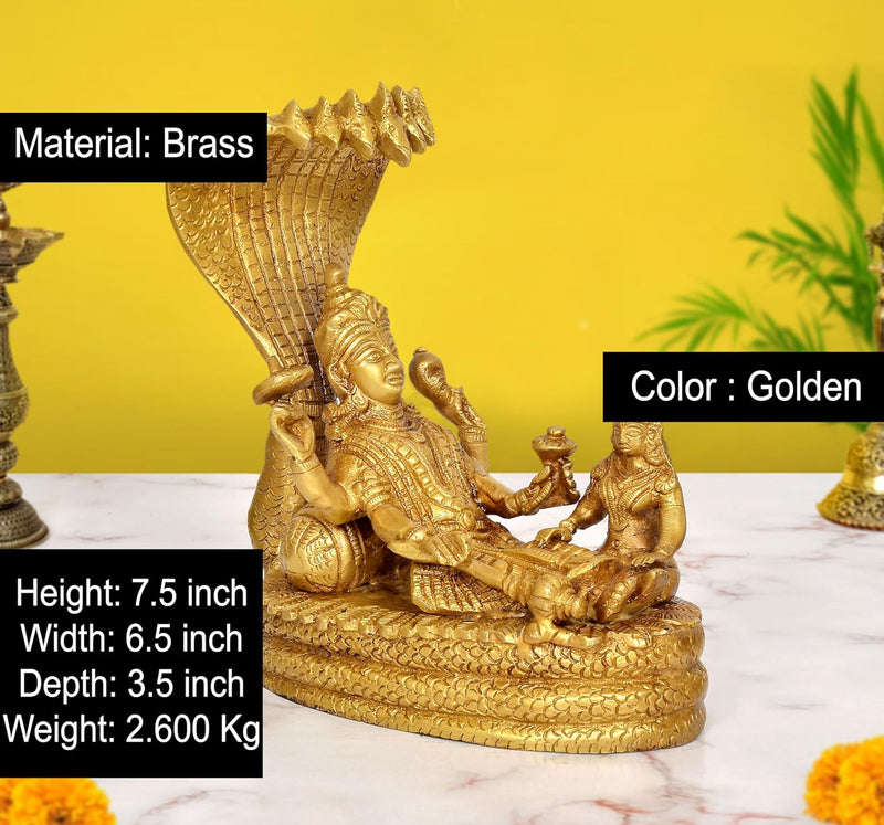 Brass Lord Vishnu with Maa Lakshmi On Sheshnag Idol (Height 7.5 Inch)