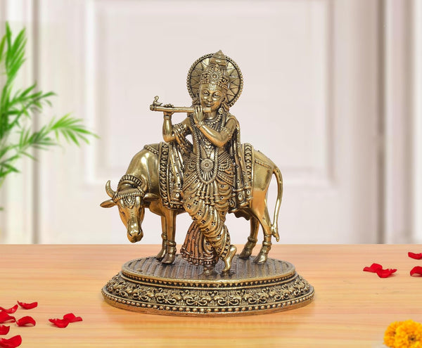 Superfine Brass Lord Krishna Playing Flute with Cow Idol (Height: 5 Inch)
