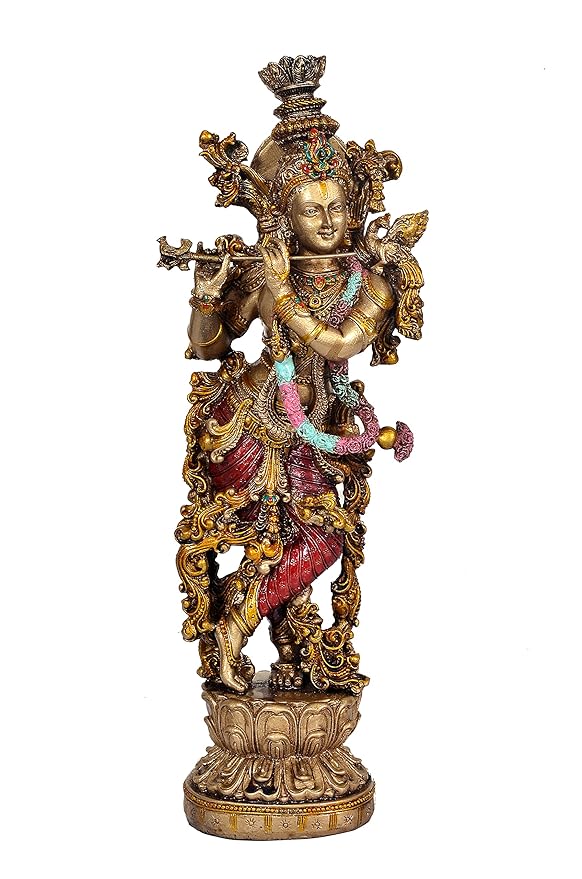 Large Slim Krishna Playing Flute Showpiece for Home Decoration Multicolour in Resin | Height 14 inch