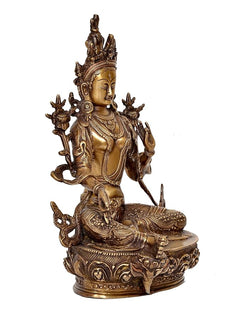 Tara Buddha Statue, goldene Ausführung mit geschlossenen Augen und Schmuckgewändern