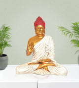 Resin Buddha statue, seated pose, red gem crown, gold face, white draped robe