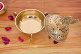 Golden brass loban dhoop dani open bowl with lid, peacock finial on top