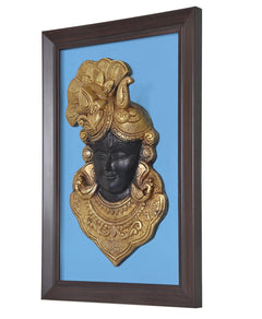 Framed brass Thakurji face mask wall hanging, detailed gold crown and necklace on dark face