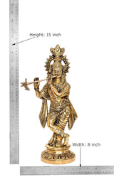 Height 15 inch brass Krishna idol playing flute, width 8 inch on round base