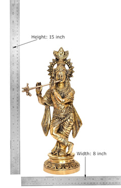 Height 15 inch brass Krishna idol playing flute, width 8 inch on round base