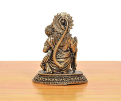 Brass Hanuman JI statue side view with flowing draped detailing, raised hand on ornate base
