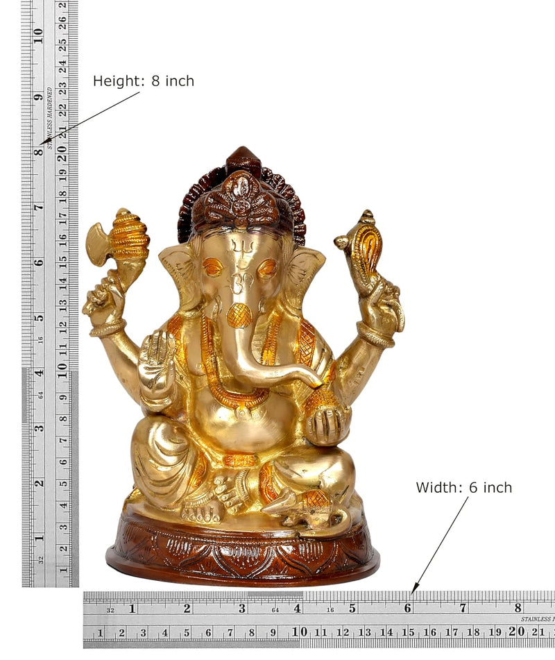 Brass Lord Ganesha Idol Statue Decorative Sculpture for Home Decor Office Mandir Pooja Showpiece (Height 8 Inch)