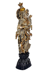 Brass Radha Rani idol, standing pose with intricate detailing and black base
