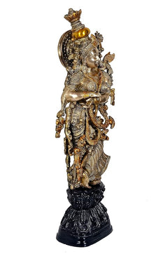 Brass Radha Rani idol, standing pose with intricate detailing and black base