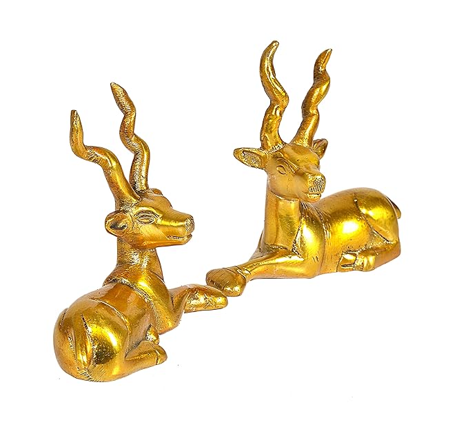 Brass Pair Sitting Hiran Deer Decorative Showpiece Home Office Table Decor Gift Item Golden Height 4 Inches